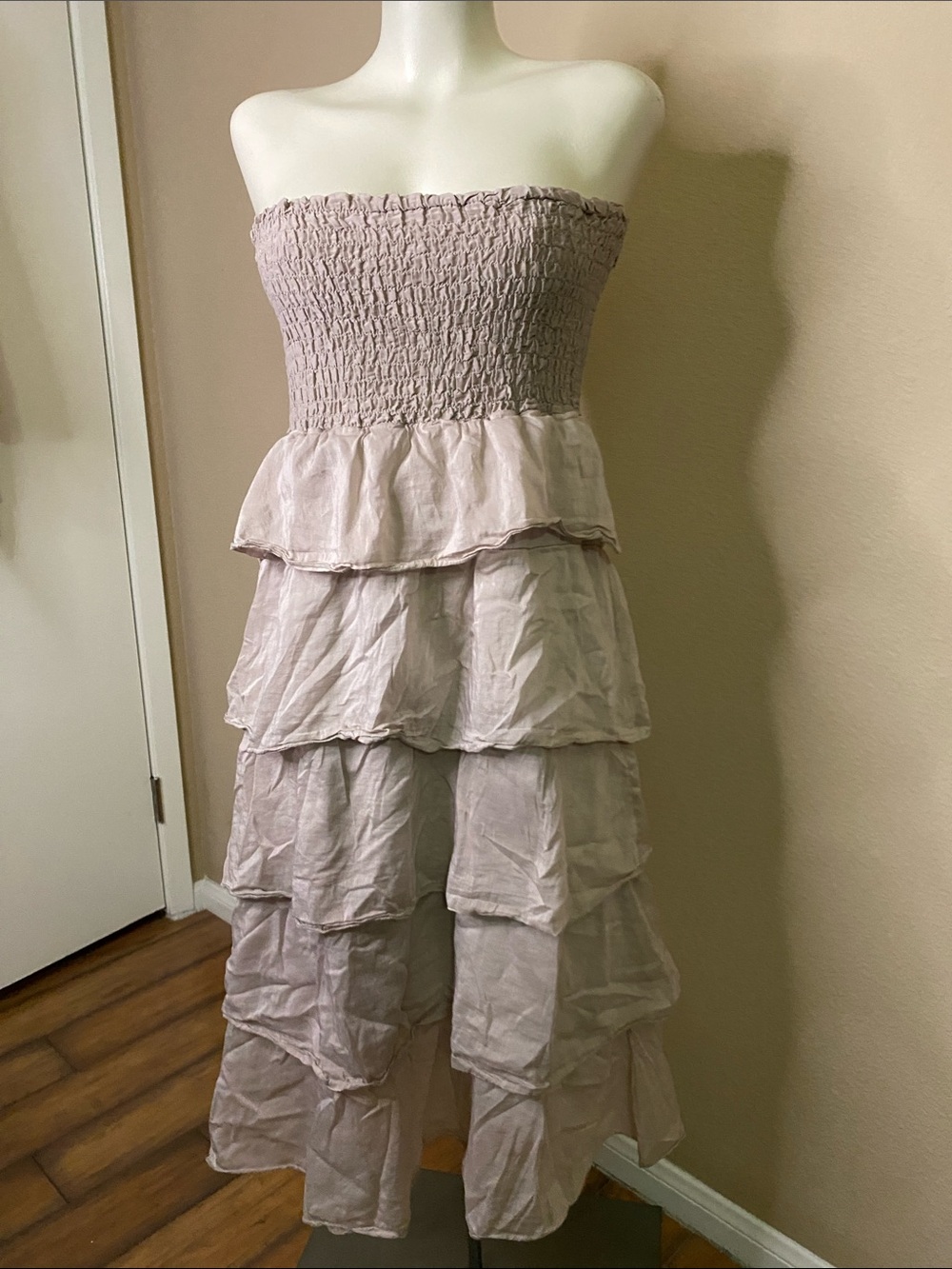 Elan silk/cotton Beige lavender tiered smocked boho dress